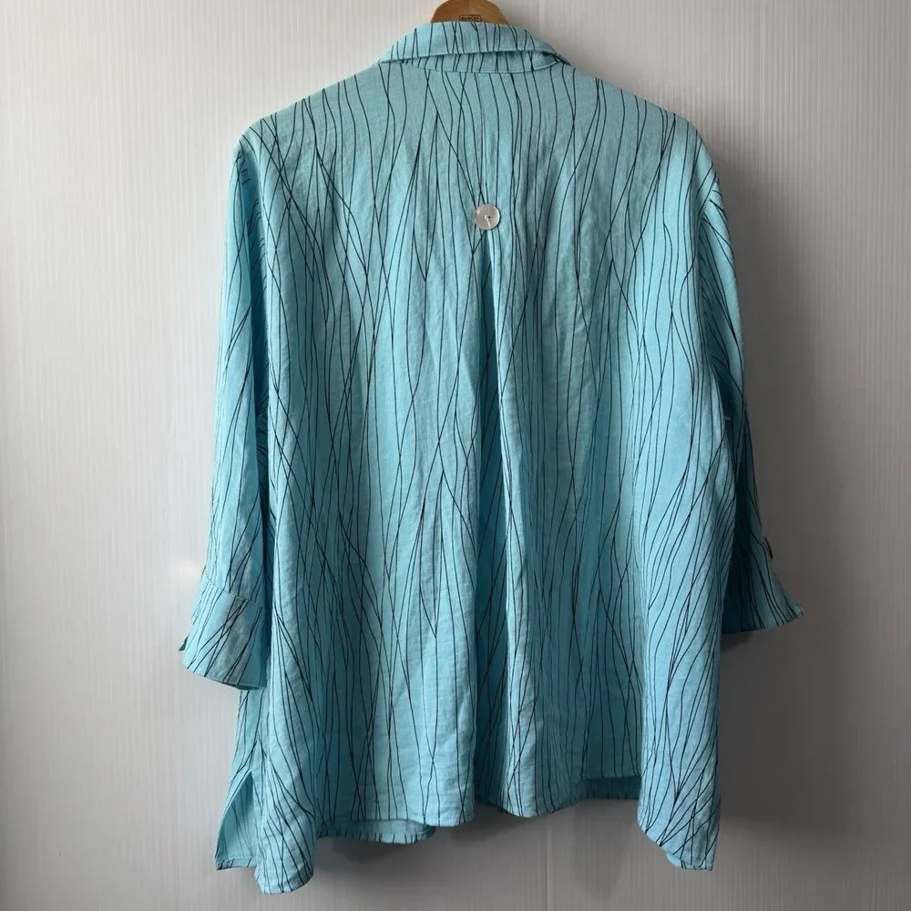 Ali Miles PXL Women’s Turquoise Abstract Stripe Button Front 3/4 Sleeve Blouse
